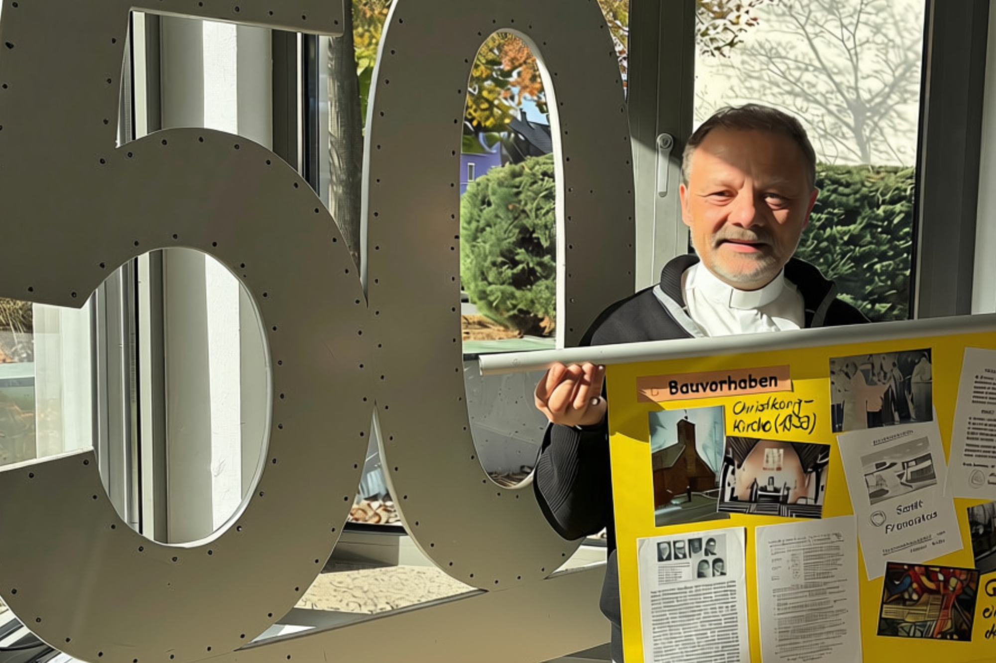 Zu sehen ist der Pfarrer Dr. Dieter Georg Jung vor einem großen Aufsteller welcher die 50 darstellt.