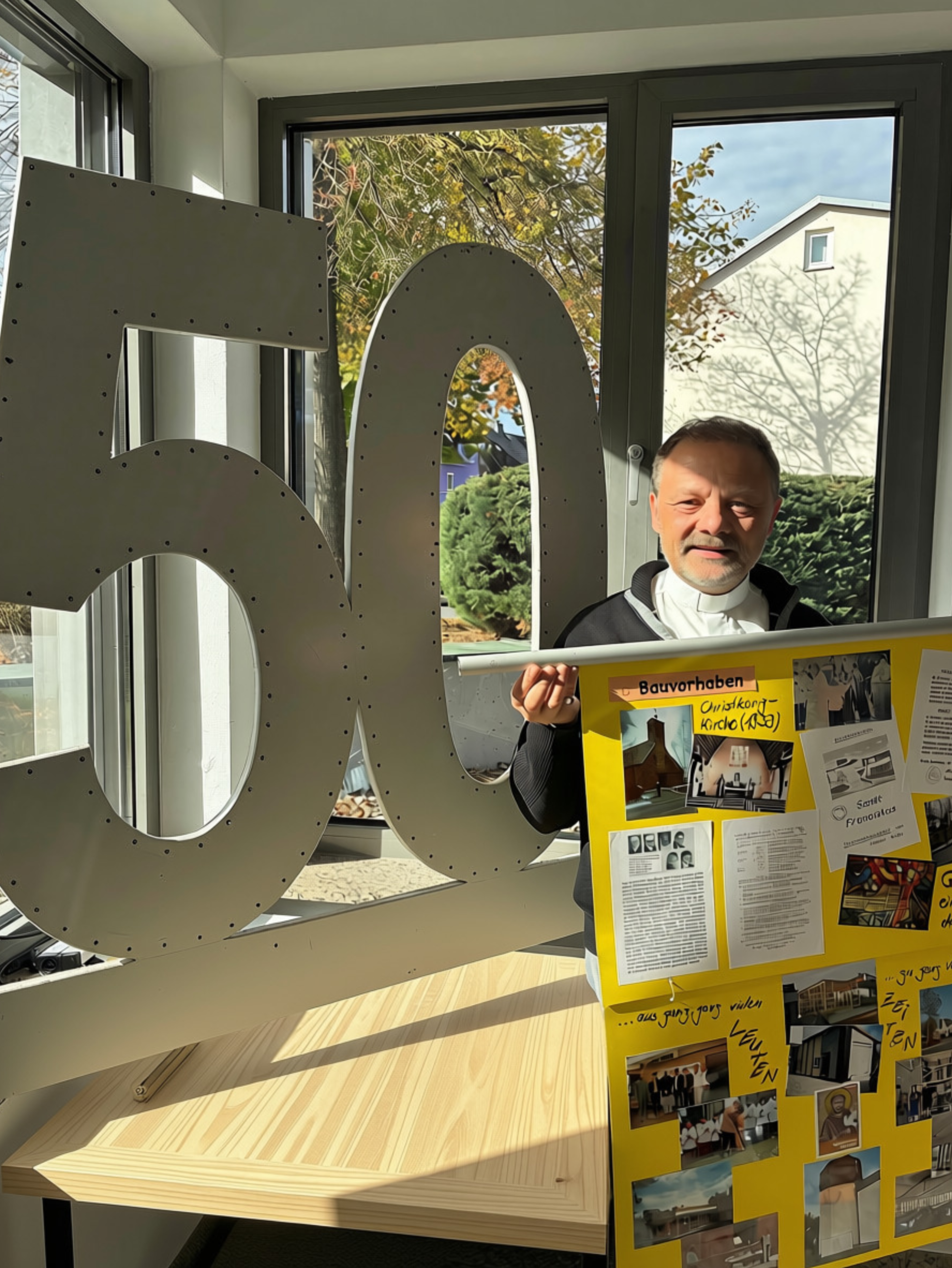Zu sehen ist der Pfarrer Dr. Dieter Georg Jung vor einem großen Aufsteller welcher die 50 darstellt.